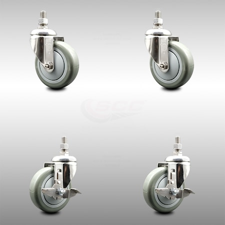 Service Caster 4 Inch 316SS Gray Polyurethane Swivel 12mm Threaded Stem Caster Brake, 2PK SCC-SS316TS20S414-PPUB-M1215-2-TLB-2